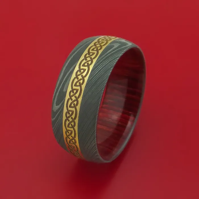 Rings Lashbrook Damascus Steel Ring with 14k Yellow Gold and Infinity Knot Etched Celtic Design Inlays and Interior Hardwood Sleeve Custom Made Band Rings Lashbrook Damascus Steel Ring with 14k Yellow Gold and Infinity Knot Etched Celtic Design Inlays and Interior Hardwood Sleeve Custom Made Band
