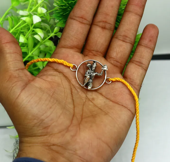 TRIBAL ORNAMENTS Bracelets 925 sterling silver custom design god hanuman design Rakhi bracelet with stunning yellow thread Best sibling rakhi for Festival Rakshabandhan rk162