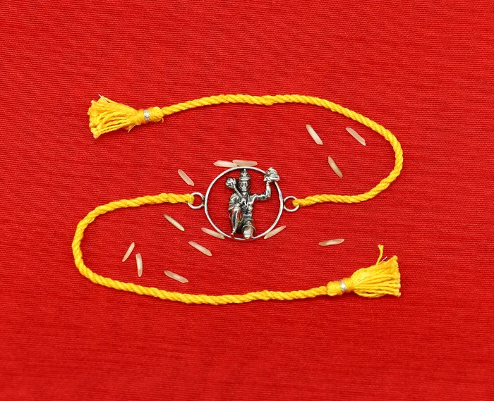TRIBAL ORNAMENTS Bracelets 925 sterling silver custom design god hanuman design Rakhi bracelet with stunning yellow thread Best sibling rakhi for Festival Rakshabandhan rk162
