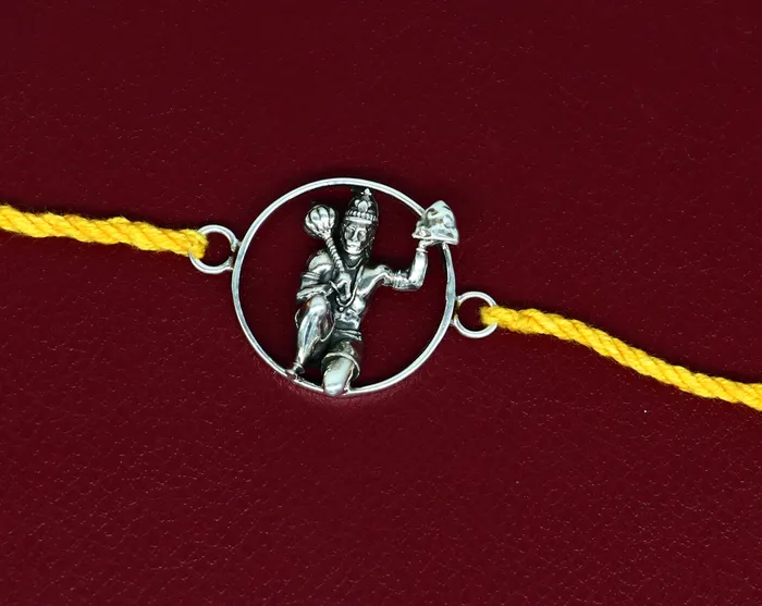 TRIBAL ORNAMENTS Bracelets 925 sterling silver custom design god hanuman design Rakhi bracelet with stunning yellow thread Best sibling rakhi for Festival Rakshabandhan rk162