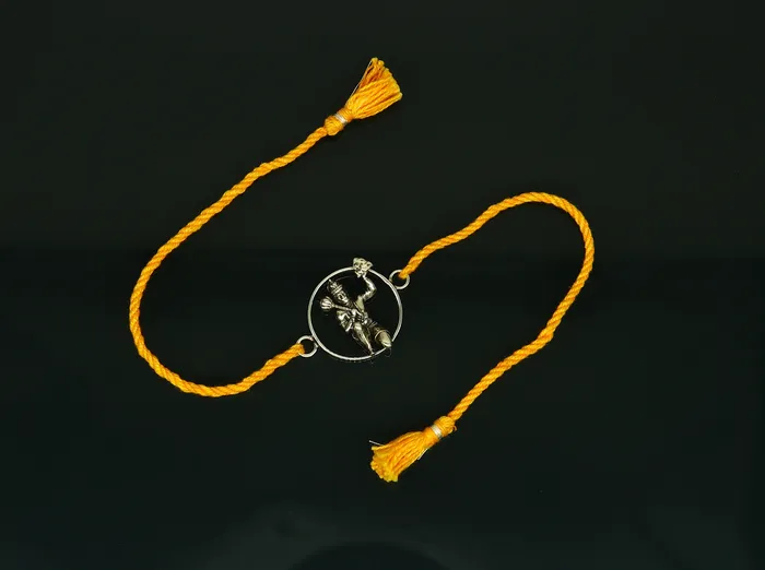 TRIBAL ORNAMENTS Bracelets 925 sterling silver custom design god hanuman design Rakhi bracelet with stunning yellow thread Best sibling rakhi for Festival Rakshabandhan rk162