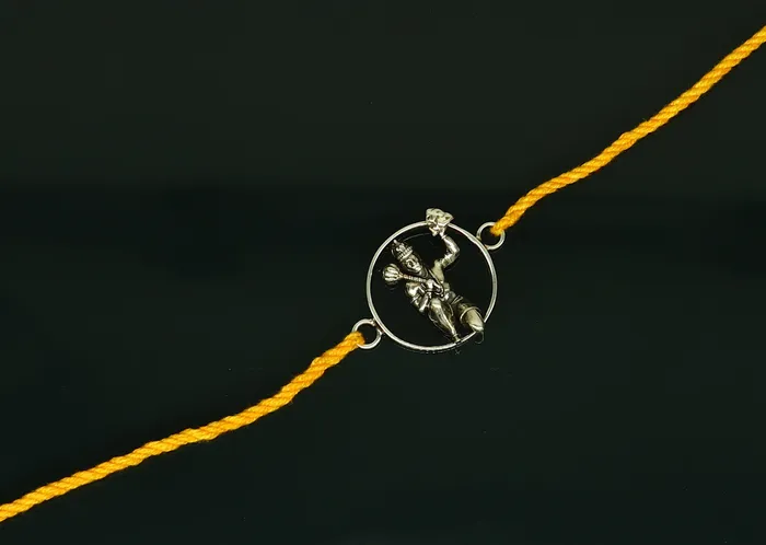 TRIBAL ORNAMENTS Bracelets 925 sterling silver custom design god hanuman design Rakhi bracelet with stunning yellow thread Best sibling rakhi for Festival Rakshabandhan rk162