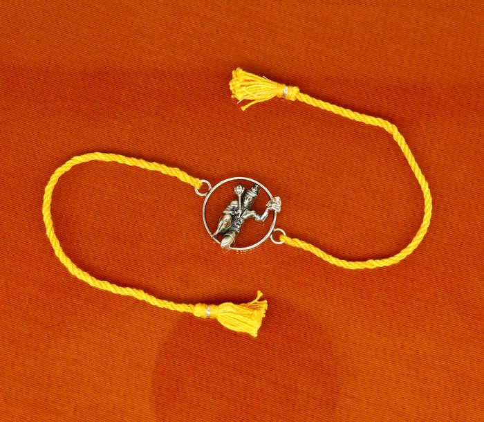 TRIBAL ORNAMENTS Bracelets 925 sterling silver custom design god hanuman design Rakhi bracelet with stunning yellow thread Best sibling rakhi for Festival Rakshabandhan rk162