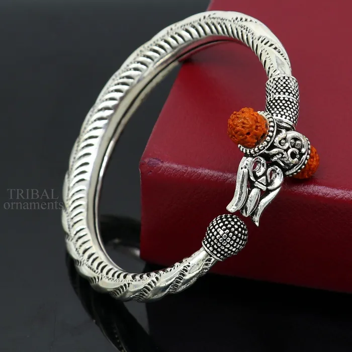 TRIBAL ORNAMENTS Bracelets Exclusive 925 Sterling silver handmade chitai work Lord Shiva trident trishul bangle bracelet natural Rudraksha beads customized kada nsk444 TRIBAL ORNAMENTS Bracelets Exclusive 925 Sterling silver handmade chitai work Lord Shiva trident trishul bangle bracelet natural Rudraksha beads customized kada nsk444