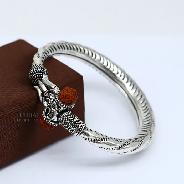 TRIBAL ORNAMENTS Bracelets Exclusive 925 Sterling silver handmade chitai work Lord Shiva trident trishul bangle bracelet natural Rudraksha beads customized kada nsk444