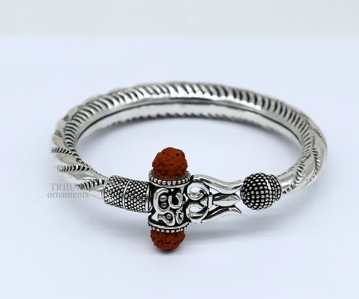 TRIBAL ORNAMENTS Bracelets Exclusive 925 Sterling silver handmade chitai work Lord Shiva trident trishul bangle bracelet natural Rudraksha beads customized kada nsk444