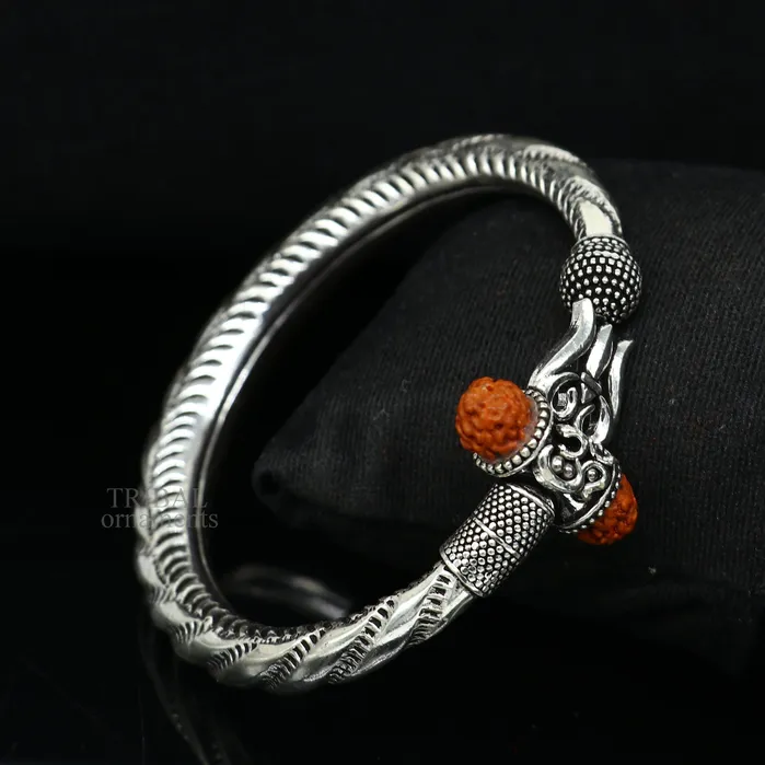 TRIBAL ORNAMENTS Bracelets Exclusive 925 Sterling silver handmade chitai work Lord Shiva trident trishul bangle bracelet natural Rudraksha beads customized kada nsk444