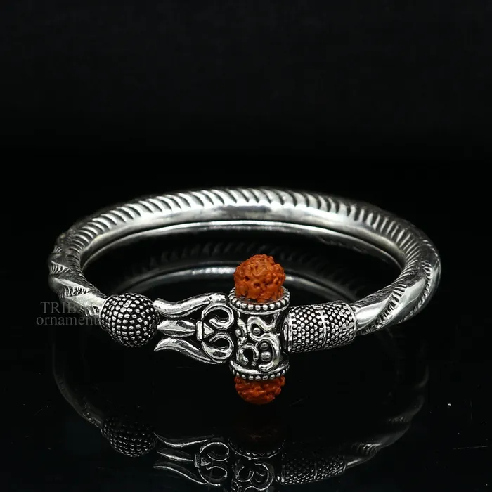 TRIBAL ORNAMENTS Bracelets Exclusive 925 Sterling silver handmade chitai work Lord Shiva trident trishul bangle bracelet natural Rudraksha beads customized kada nsk444