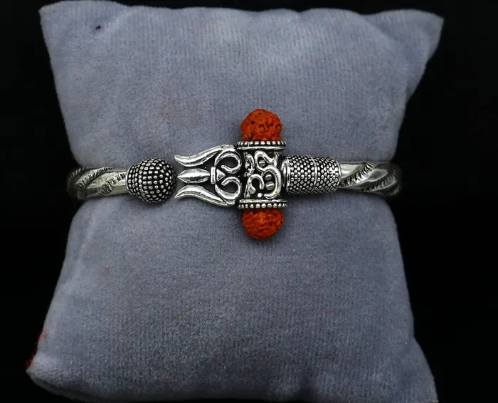 TRIBAL ORNAMENTS Bracelets Exclusive 925 Sterling silver handmade chitai work Lord Shiva trident trishul bangle bracelet natural Rudraksha beads customized kada nsk444