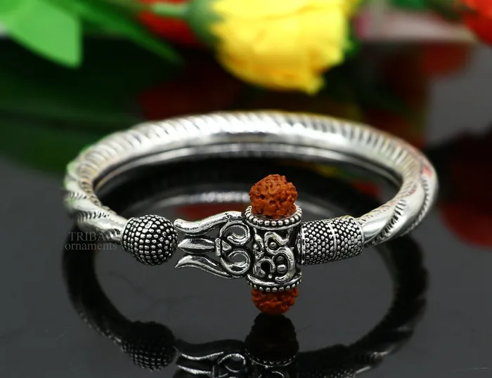 TRIBAL ORNAMENTS Bracelets Exclusive 925 Sterling silver handmade chitai work Lord Shiva trident trishul bangle bracelet natural Rudraksha beads customized kada nsk444