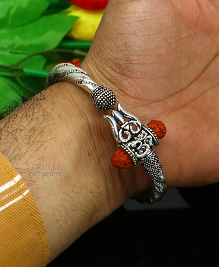 TRIBAL ORNAMENTS Bracelets Exclusive 925 Sterling silver handmade chitai work Lord Shiva trident trishul bangle bracelet natural Rudraksha beads customized kada nsk444