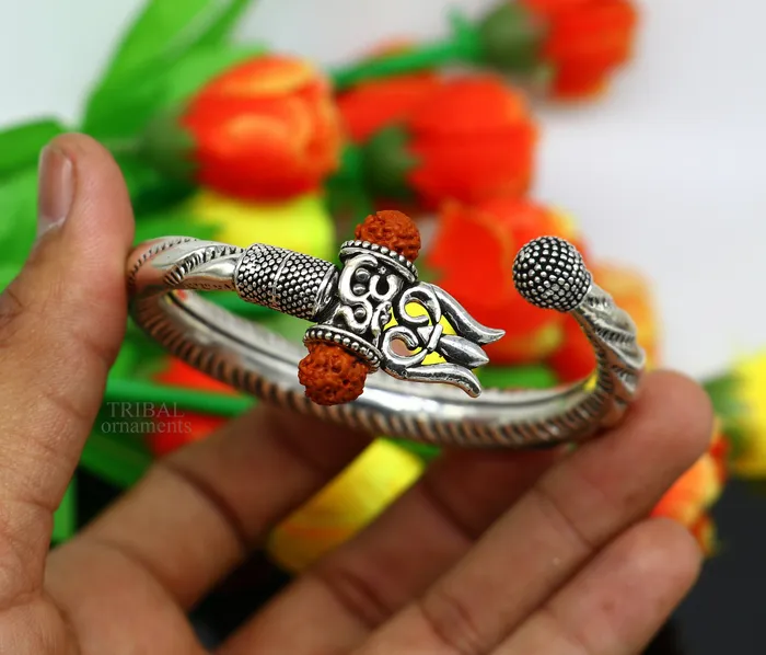 TRIBAL ORNAMENTS Bracelets Exclusive 925 Sterling silver handmade chitai work Lord Shiva trident trishul bangle bracelet natural Rudraksha beads customized kada nsk444