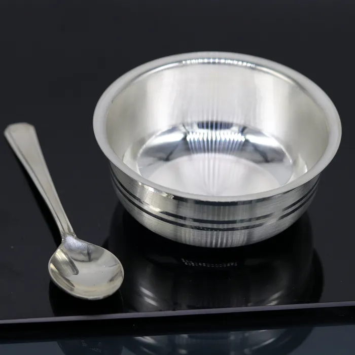 TRIBAL ORNAMENTS Necklaces 999 Fine silver handmade solid bowl and spoon silver utensils baby food bowl baby kitchen set for baby rice ceremony or baby gift sv180