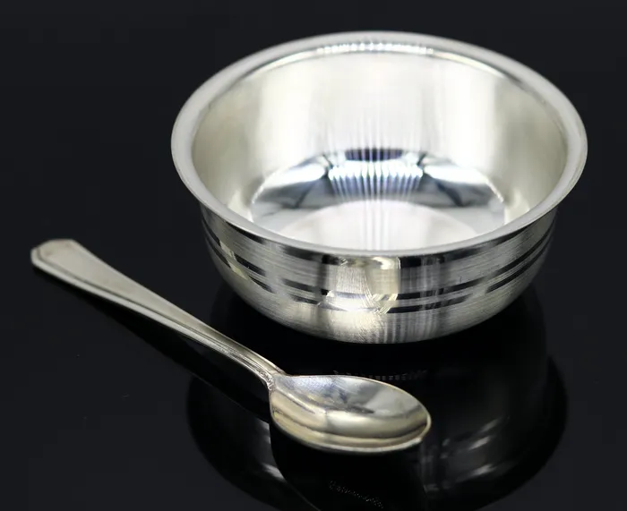 TRIBAL ORNAMENTS Necklaces 999 Fine silver handmade solid bowl and spoon silver utensils baby food bowl baby kitchen set for baby rice ceremony or baby gift sv180