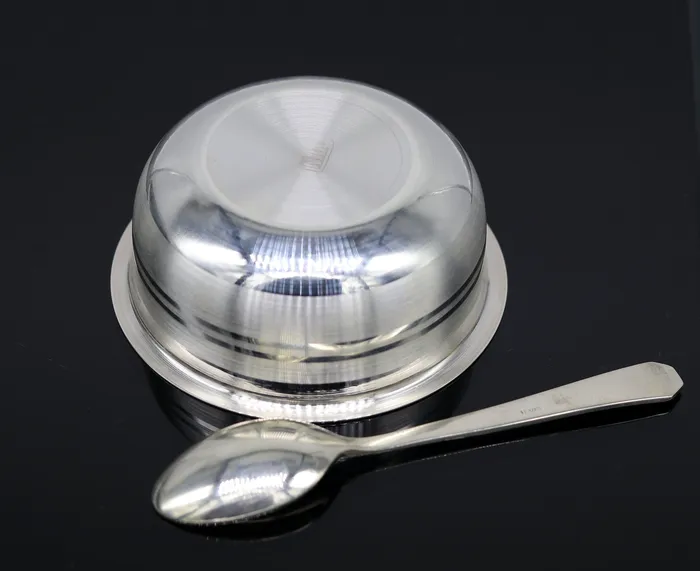 TRIBAL ORNAMENTS Necklaces 999 Fine silver handmade solid bowl and spoon silver utensils baby food bowl baby kitchen set for baby rice ceremony or baby gift sv180