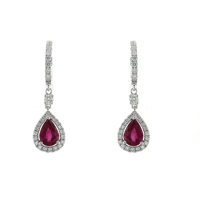 18K White Gold Diamond Hoop Earrings with Pear Ruby with Diamond Halo Dangle Meierotto Jewelers Earrings 18K White Gold Diamond Hoop Earrings with Pear Ruby with Diamond Halo Dangle Meierotto Jewelers Earrings