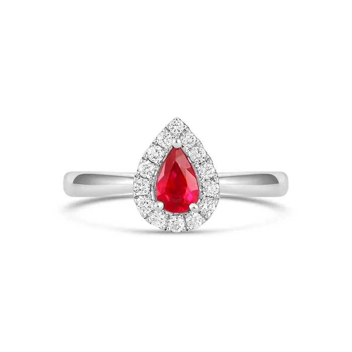 18K White Gold Pear Cut Ruby with Diamond Halo Ring Meierotto Jewelers Rings 18K White Gold Pear Cut Ruby with Diamond Halo Ring Meierotto Jewelers Rings