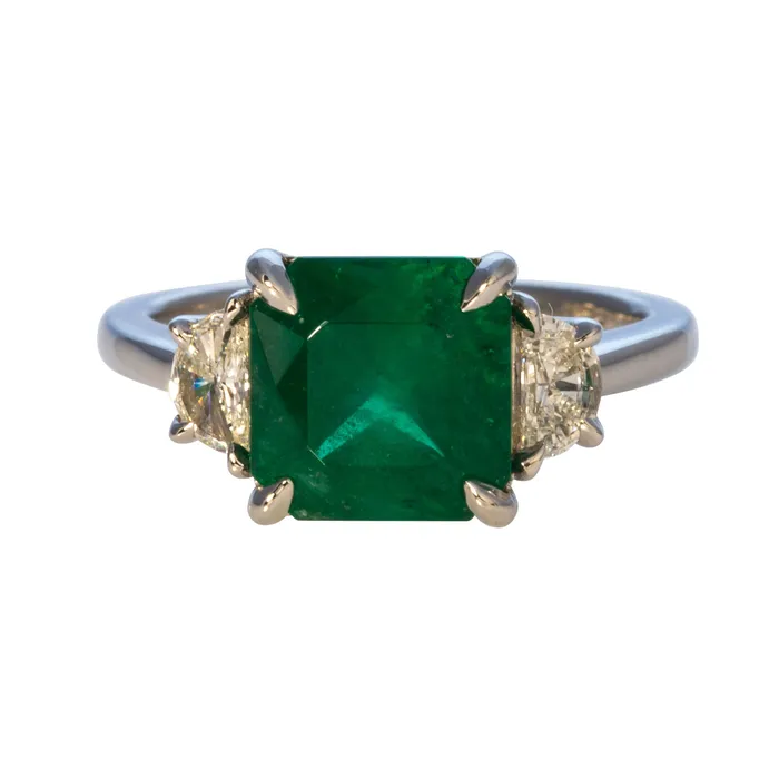 3ct Square Emerald HalfMoon Diamond Three Stone Platinum Ring Croghans Rings 3ct Square Emerald HalfMoon Diamond Three Stone Platinum Ring Croghans Rings