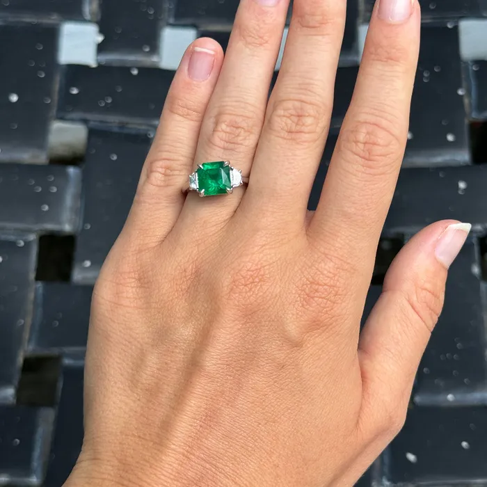 3ct Square Emerald HalfMoon Diamond Three Stone Platinum Ring Croghans Rings