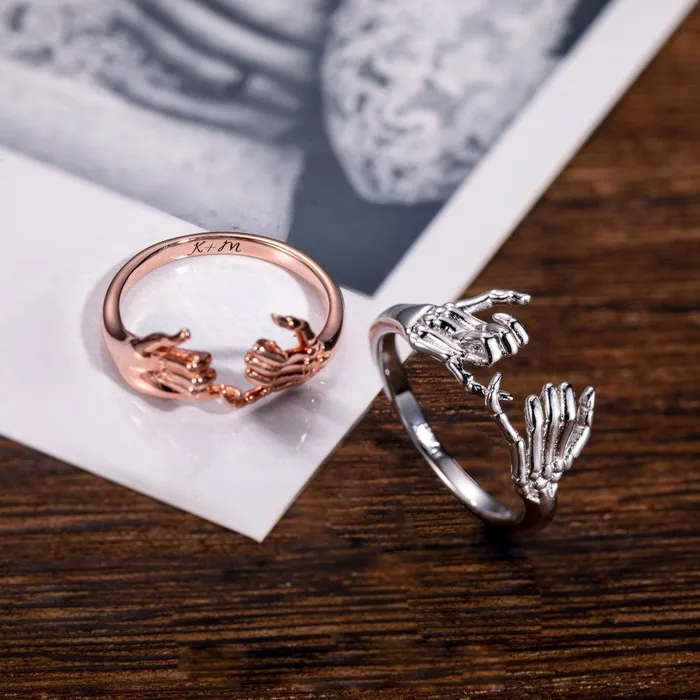 Belbren Rings Personalized Skeleton Hand and Pinky Promise Ring Unique Statement Jewelry for Couples and Friends Engravable Gift for Every Occasion