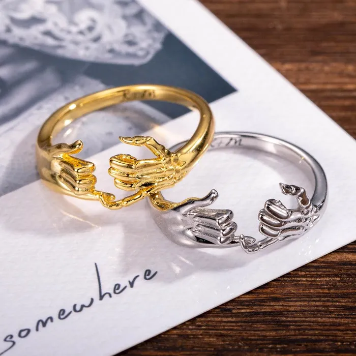 Belbren Rings Personalized Skeleton Hand and Pinky Promise Ring Unique Statement Jewelry for Couples and Friends Engravable Gift for Every Occasion
