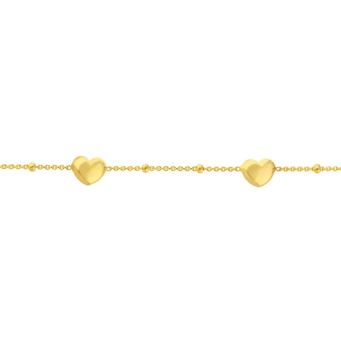 Bracelets 14K Yellow Gold Mini Puffed Heart Station Saturn Chain Bracelet Croghans