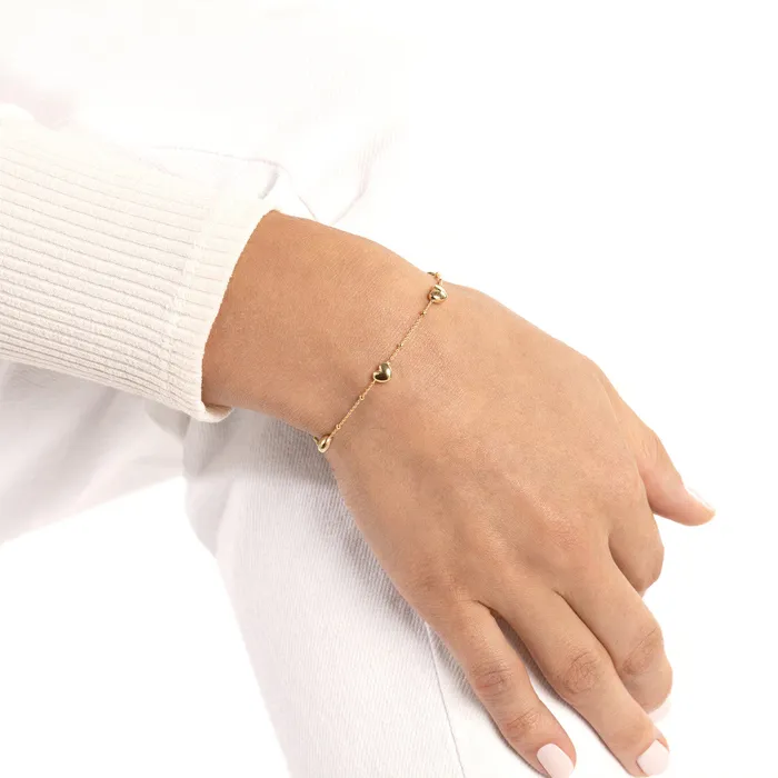 Bracelets 14K Yellow Gold Mini Puffed Heart Station Saturn Chain Bracelet Croghans