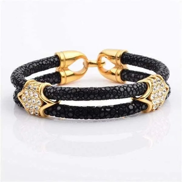 Bracelets Diamond Source NYC Stainless Steel Charm With Real Stingray Leather Mens Bracelet With Cz Stones Black Gold color