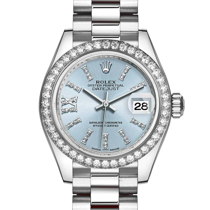 Bracelets Rolex LadyDatejust 28mm Ref 279136RBR ib36dix8dp Ice Blue Roman Diamond Dial Diamond Bezel Platinum Presidential Bracelet Womens Watch Rolex