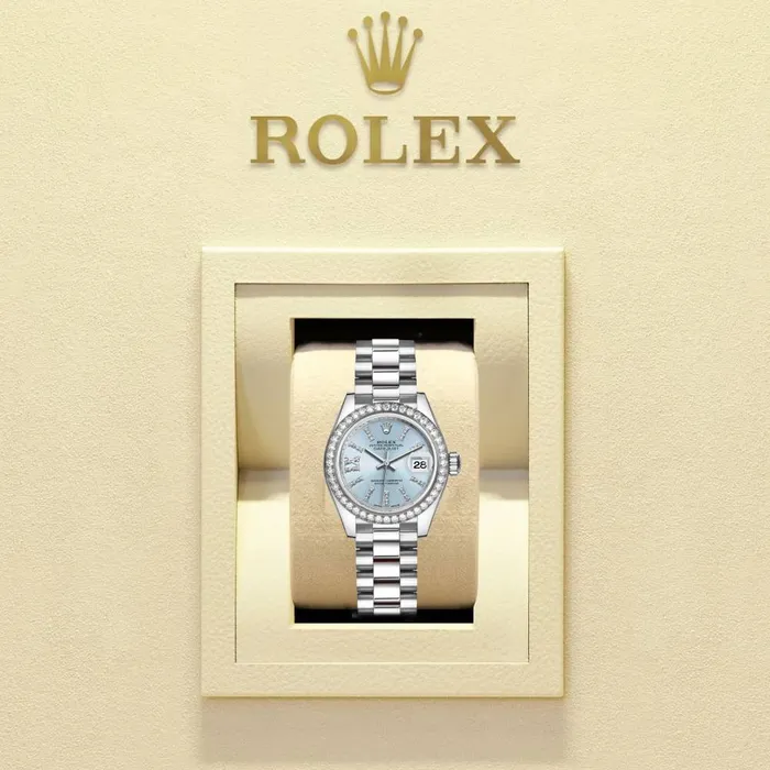 Bracelets Rolex LadyDatejust 28mm Ref 279136RBR ib36dix8dp Ice Blue Roman Diamond Dial Diamond Bezel Platinum Presidential Bracelet Womens Watch Rolex