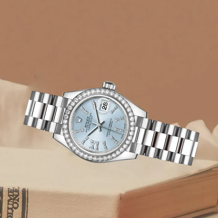 Bracelets Rolex LadyDatejust 28mm Ref 279136RBR ib36dix8dp Ice Blue Roman Diamond Dial Diamond Bezel Platinum Presidential Bracelet Womens Watch Rolex