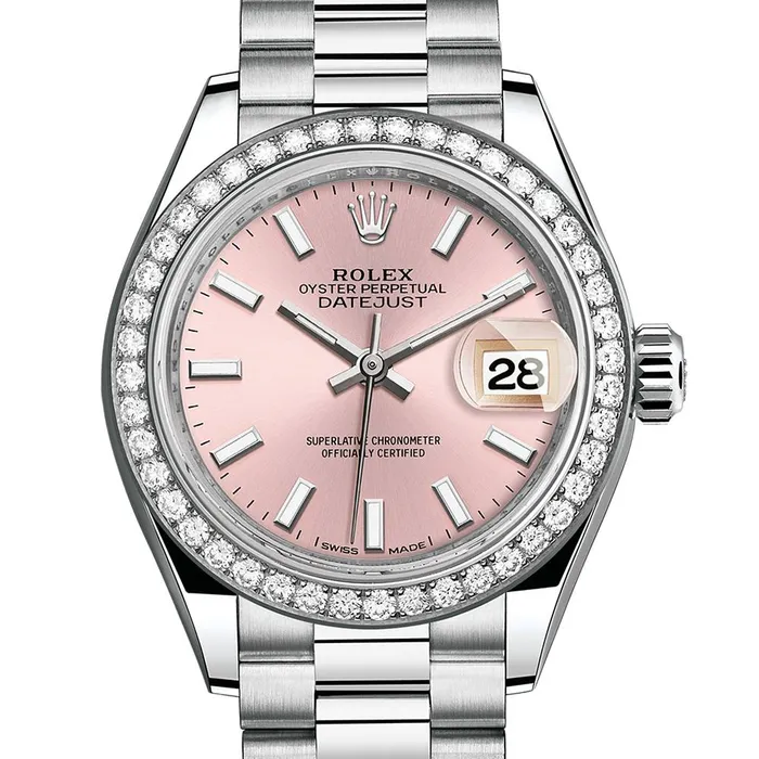 Bracelets Rolex LadyDatejust 28mm Ref 279136RBR pip Pink Stick Dial Diamond Bezel Platinum Presidential Bracelet Womens Watch Rolex