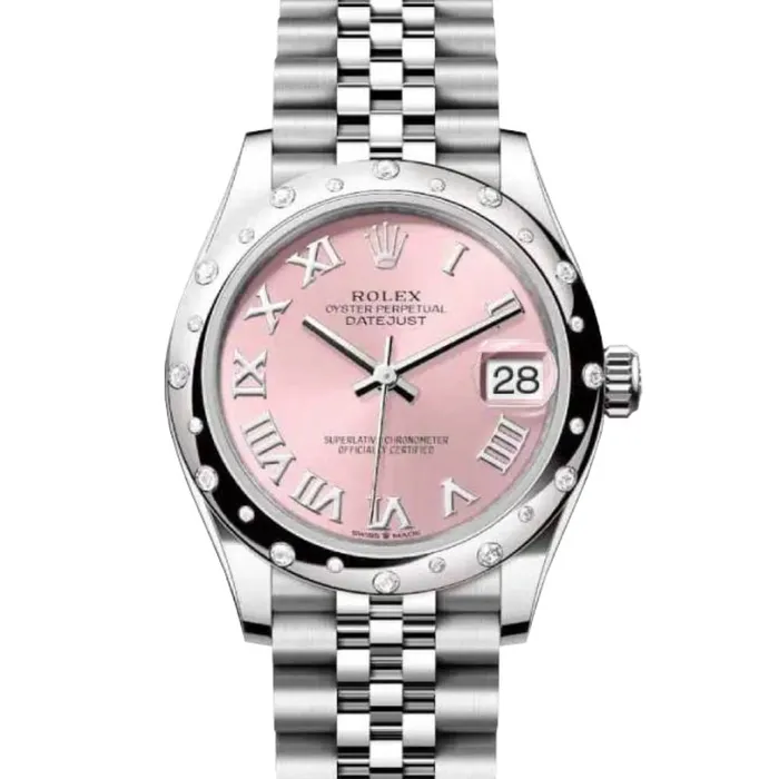 Bracelets Rolex Rolex Datejust 31mm Ref 278344rbr0022 Pink Roman Dial Diamond Bezel Stainless Steel Jubilee Bracelet Womens Watch