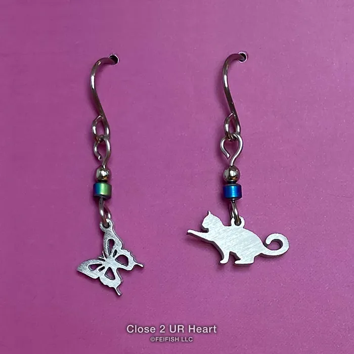 Cat and Butterfly Earrings Close to UR Heart Earrings