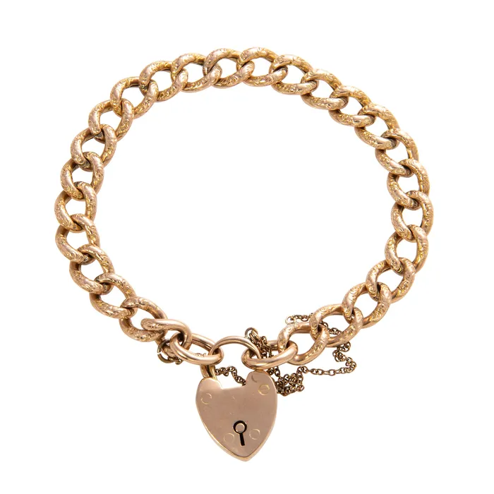 Croghans Bracelets Victorian 9K Gold Heart Padlock Repouss Curb Link Bracelet Croghans Bracelets Victorian 9K Gold Heart Padlock Repouss Curb Link Bracelet