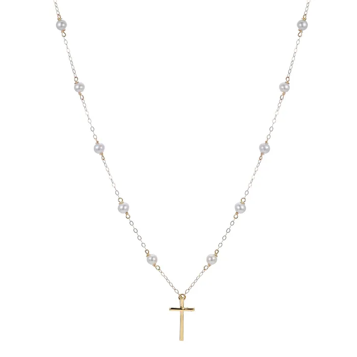Croghans Necklaces Child 4mm Freshwater Pearl Station 14K Yellow Gold Cross Necklace Croghans Necklaces Child 4mm Freshwater Pearl Station 14K Yellow Gold Cross Necklace