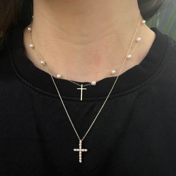 Croghans Necklaces Child 4mm Freshwater Pearl Station 14K Yellow Gold Cross Necklace