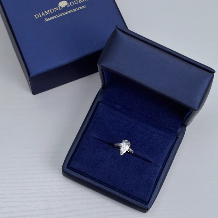 Diamond Source NYC Rings 3 Stone Engagement Ring Set in Platinum 241ct tw Pear Shape and Tapered Baguette Natural Diamonds