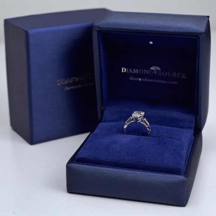Diamond Source NYC Rings 3 Stone Engagement Ring Set in Platinum 241ct tw Pear Shape and Tapered Baguette Natural Diamonds