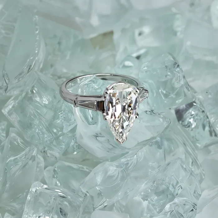Diamond Source NYC Rings 3 Stone Engagement Ring Set in Platinum 241ct tw Pear Shape and Tapered Baguette Natural Diamonds