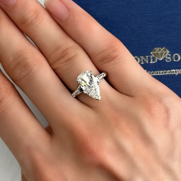 Diamond Source NYC Rings 3 Stone Engagement Ring Set in Platinum 241ct tw Pear Shape and Tapered Baguette Natural Diamonds