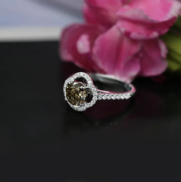 Diamond Source NYC Rings GIA Certified Unique Halo Diamond Engagement Ring Set in 18K White Gold 134ct tw Fancy Brown Yellow Round Brilliant Natural Diamonds