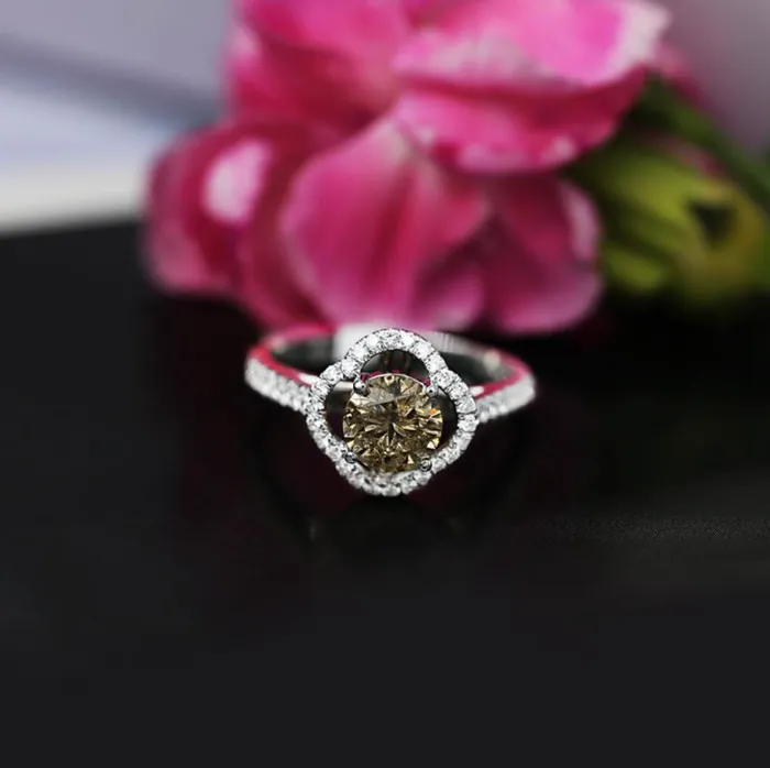 Diamond Source NYC Rings GIA Certified Unique Halo Diamond Engagement Ring Set in 18K White Gold 134ct tw Fancy Brown Yellow Round Brilliant Natural Diamonds