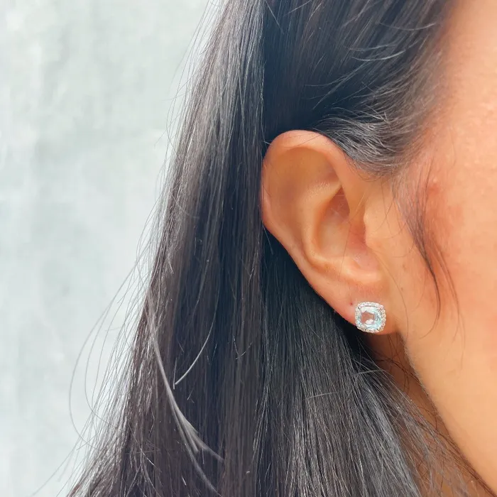 Earrings Croghans 25ct Cushion Blue Topaz Diamond 18K White Gold Stud Earrings