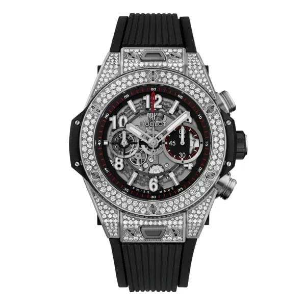 Hublot Big Bang Unico Titanium Pave 44mm Watch Ref 411NX1170RX1704 Skeleton Dial Diamond Bezel in Titanium Diamond Case Black Lined Rubber Strap Hublot Watches Hublot Big Bang Unico Titanium Pave 44mm Watch Ref 411NX1170RX1704 Skeleton Dial Diamond Bezel in Titanium Diamond Case Black Lined Rubber Strap Hublot Watches