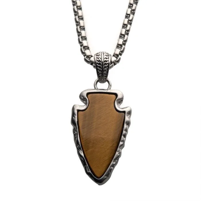 Inox Necklaces Inox Brushed Stainless Steel Tiger Eye Arrowhead Pendant with Box Chain Inox Necklaces Inox Brushed Stainless Steel Tiger Eye Arrowhead Pendant with Box Chain