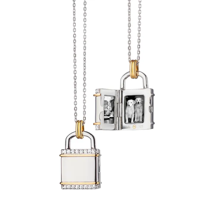 Monica Rich Kosann Necklaces Monica Rich Kosann Sterling Silver and 18K Yellow Gold Small Lock Inspired Locket Necklace with White Sapphires Monica Rich Kosann Necklaces Monica Rich Kosann Sterling Silver and 18K Yellow Gold Small Lock Inspired Locket Necklace with White Sapphires