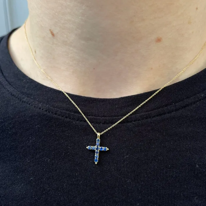 Necklaces Croghans Blue Sapphire Cross 18K Gold Pendant Necklace