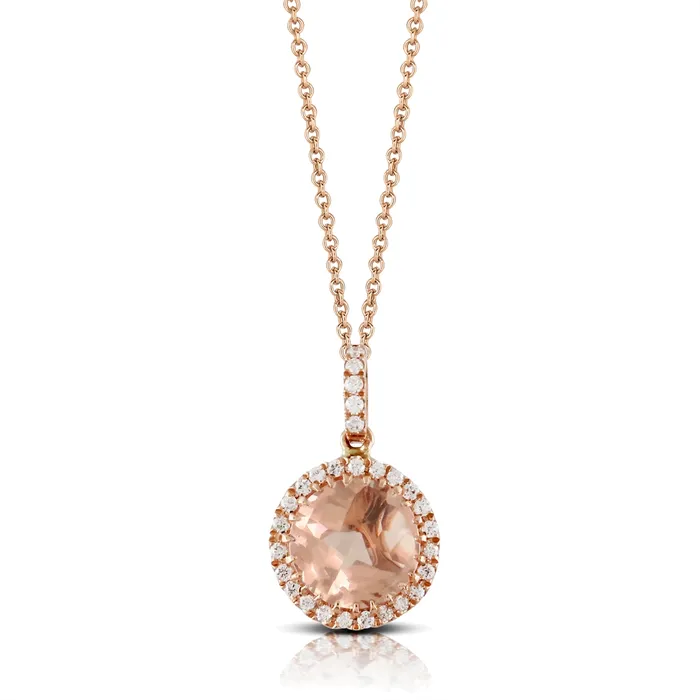 Necklaces Doves Doves 18K Rose Gold Round Morganite with Diamond Halo Pendant Necklaces Doves Doves 18K Rose Gold Round Morganite with Diamond Halo Pendant
