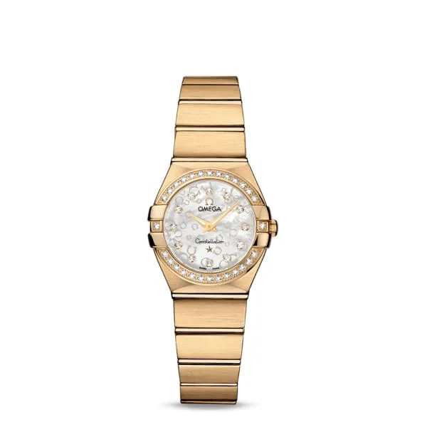 Omega Bracelets Omega Constellation 24mm Watch Ref 12355246055016 White Mother of Pearl Diamond Index Dial Diamond Bezel 18K Yellow Gold Bracelet